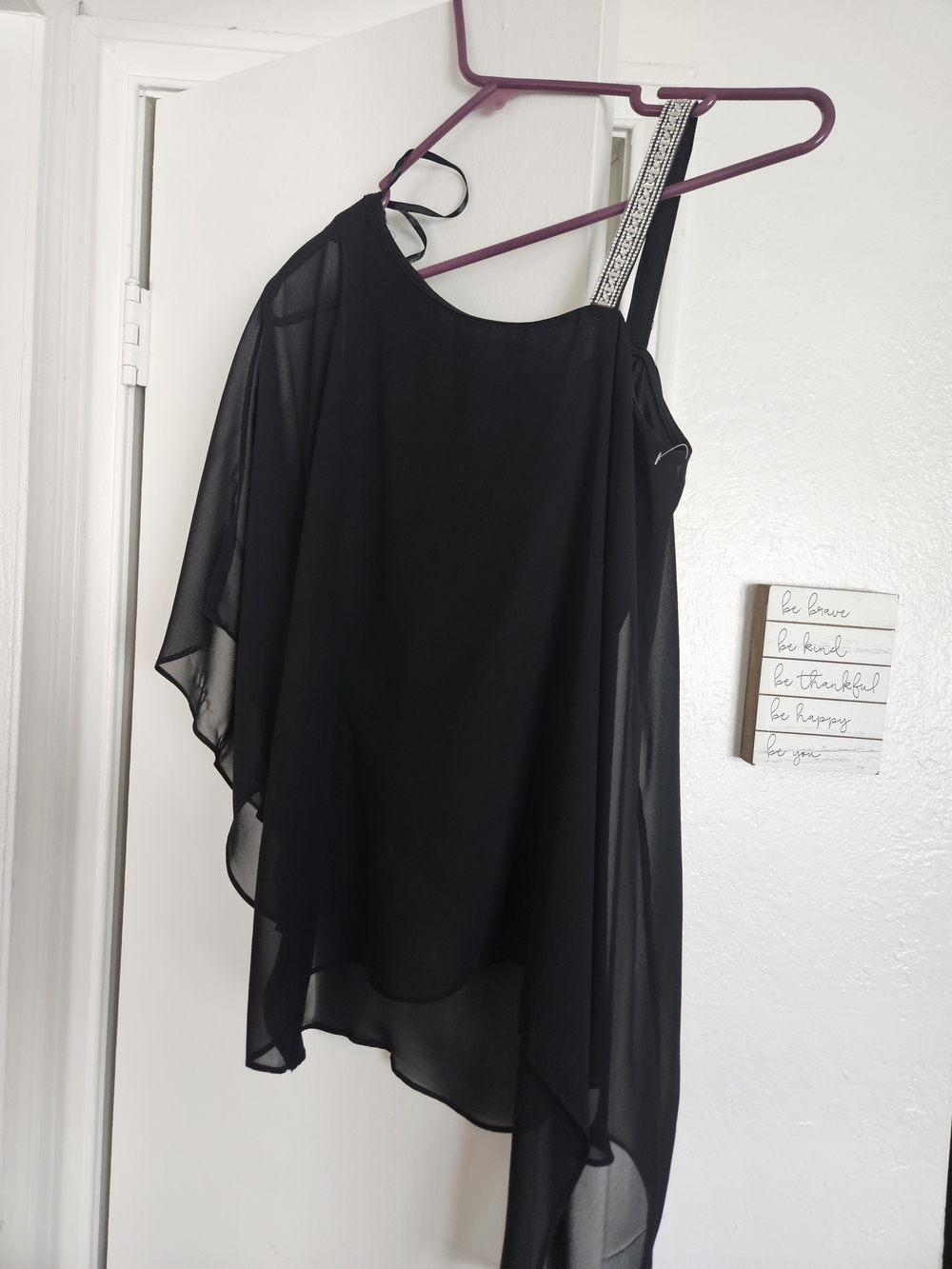 Roz & Ali Black One-Shoulder Asymmetrical Chiffon Top with Embellished Strap